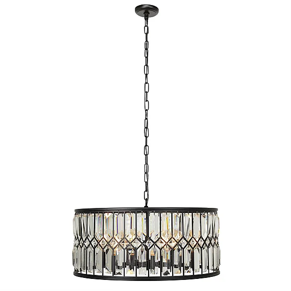 UMA Black Metal Crystal Embellished 6 Light Room Chandelier with Link Chain, 24" x 24" x 13" | 70038