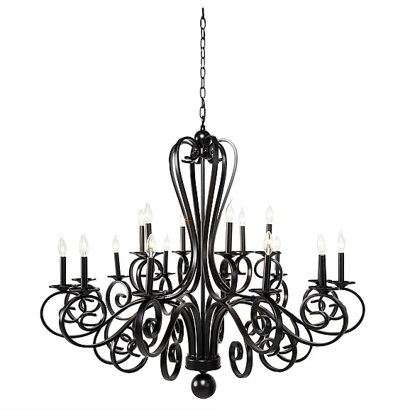 UMA Black Metal Antique Style 18 Light Room Chandelier with Scrolls, 48" x 18" x 44" | 70042