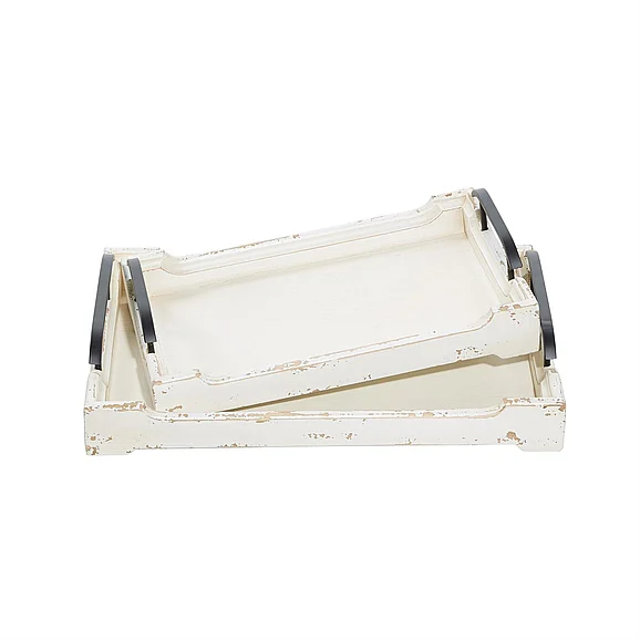 UMA White Wood Living Room Decor Tray with Metal Handles, Set of 2 20, 17W | 70132