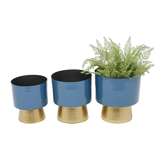 UMA CosmoLiving by Cosmopolitan Blue Metal Indoor Outdoor Planter with Gold Base, Set of 3 10, 11, 9H | 70267 CLOSEOUT