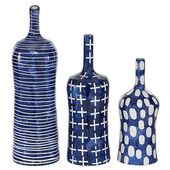 UMA Blue Ceramic Decorative Vase with Varying Patterns, Set of 3 12, 15, 19H | 70391