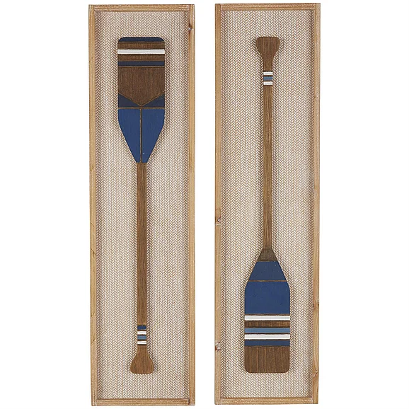 UMA Brown Wood Paddle Home Wall Decor with Blue Accents and Chevron Patterned Background, Set of 2 9W, 32H | 70437
