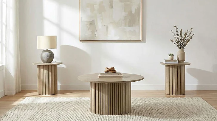 Coaster Hamlyn 3pc Round Occasional Living Room Set in Natural Oak