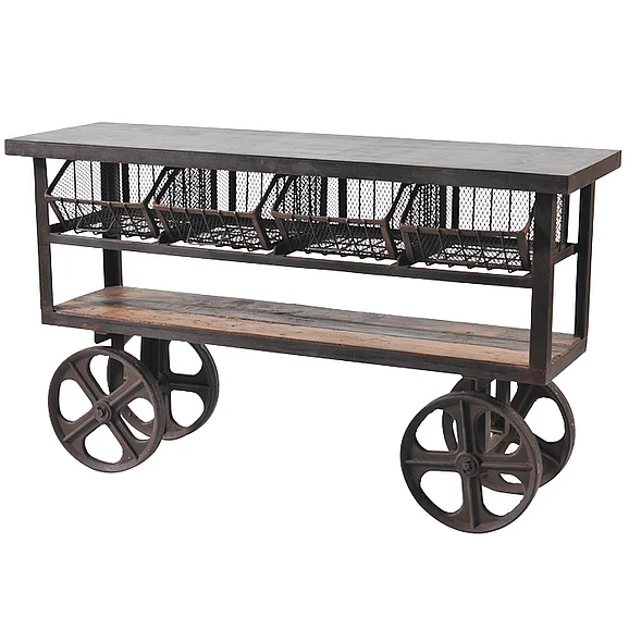 Moti Furniture Napa 4 Drawer Iron Cart in Mango Wood