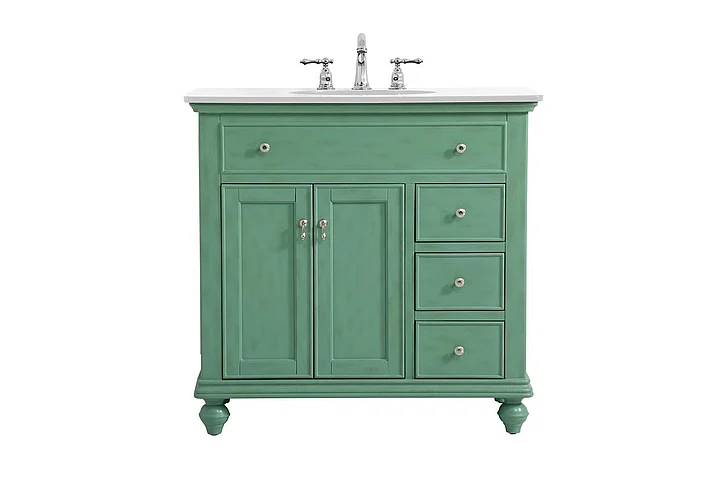 Elegant 36 In. Single Bathroom Vanity in Vintage Mint with Ivory White Engineered Marble VF12336VM-VW CLOSEOUT