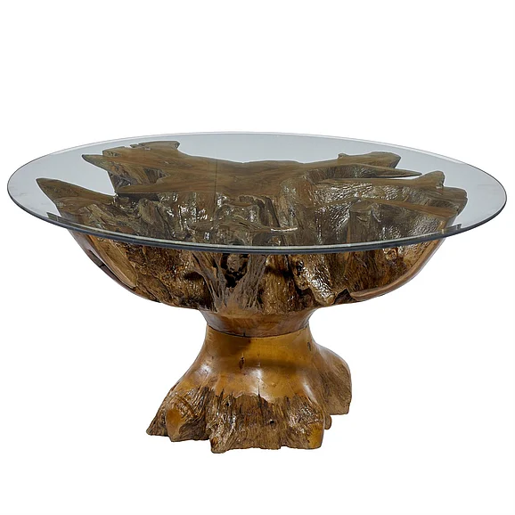 UMA Brown Teak Wood Handmade Live Edge Tree Stump Living Room Coffee Table with Clear Glass Top, 38" x 38" x 19" | 71470