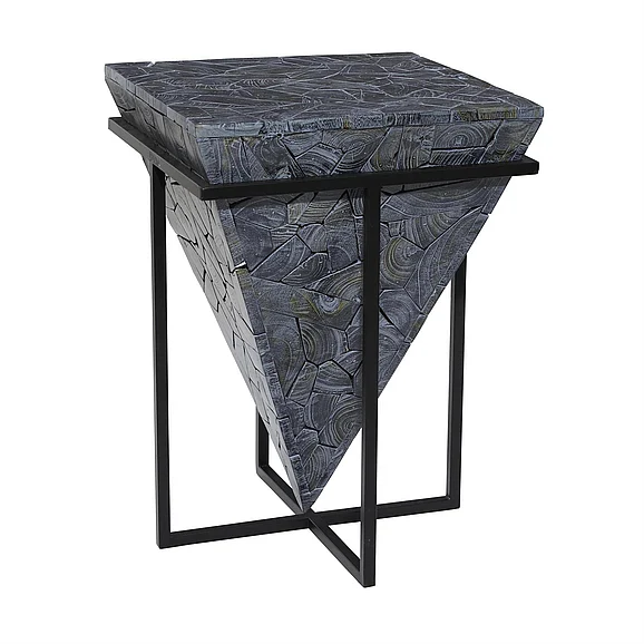 UMA Gray Teak Wood Geometric Handmade Mosaic Pyramid Side End Accent Table with Black Metal Base, 16" x 16" x 22" | 71484