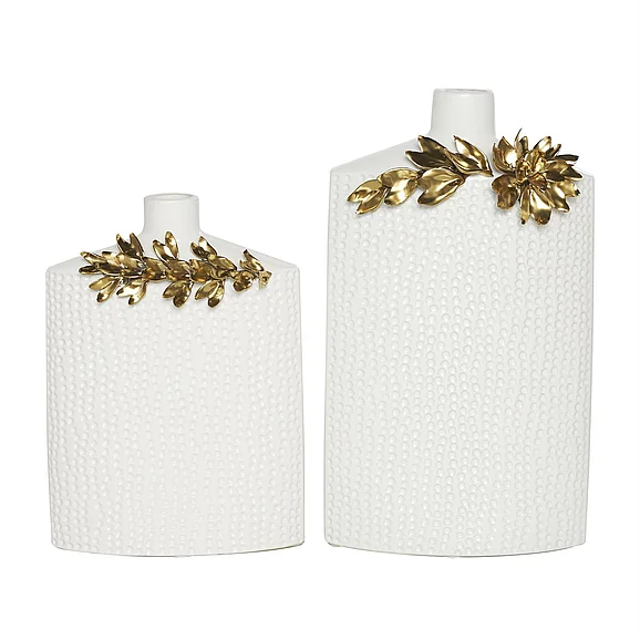 UMA Ceramic Leaf Decorative Vase with Abstract Spotted Pattern and Gold Accents in White (Set of 2) 71485