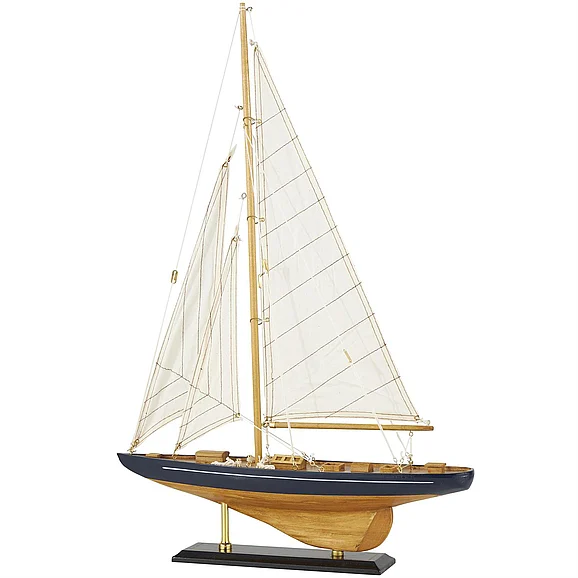 UMA Brown Wood Sail Boat Decorative Sculpture with Beige and Navy Accents and Lifelike Rigging, 17" x 4" x 21" | 71543