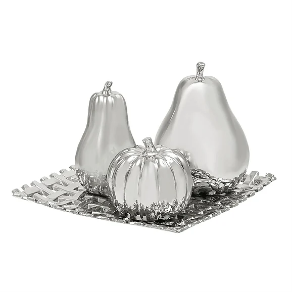 UMA Silver Ceramic Fruit Pear, Pumpkin, and Squash Decorative Sculpture with Decorative Grid Plate, Set of 4 12W, 9H | 71689