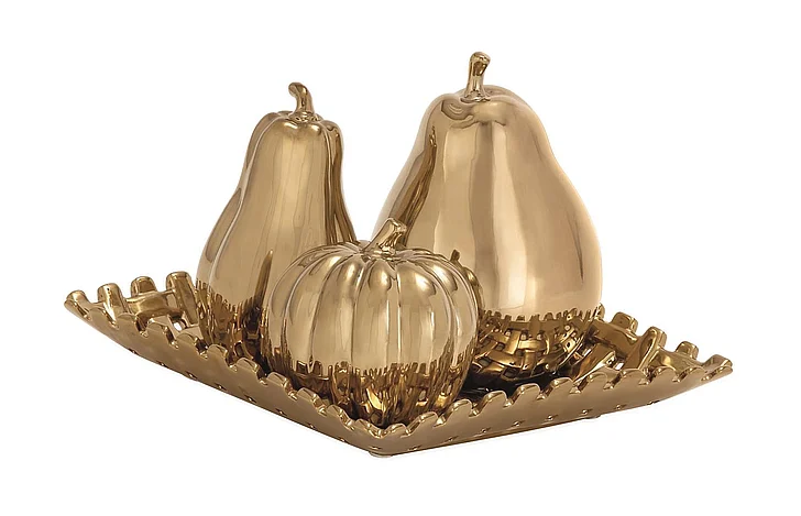 UMA Gold Ceramic Fruit Pear, Pumpkin, and Squash Decorative Sculpture with Decorative Grid Plate, Set of 4 11W, 9H | 71791
