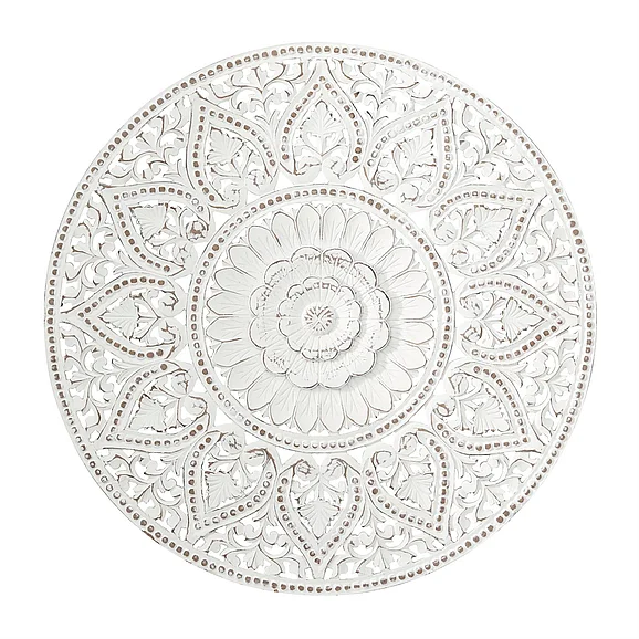 UMA White Wooden Floral Handmade Intricately Carved Home Wall Decor with Mandala Design, 36" x 1" x 36" | 71835