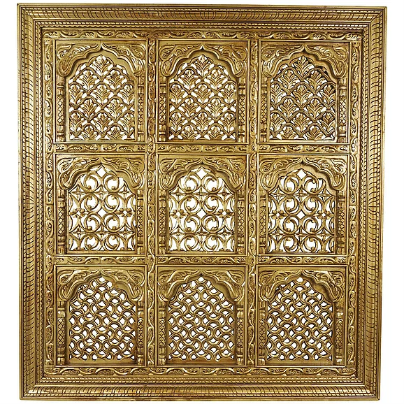 UMA Gold Mango Wood Scroll Handmade Intricately Carved 9 Panel Home Wall Decor with Engraved Details, 65" x 3" x 71" | 71838