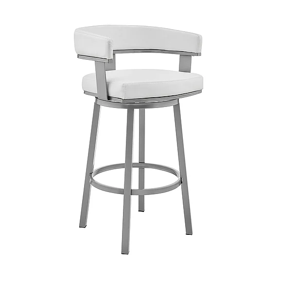 Armen Living Cohen 30 In. Swivel Bar Stool in Silver with White Faux Leather 721535761999