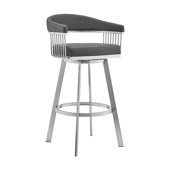 Armen Living Bronson 25 In. Gray Faux Leather Swivel Bar Stool 721535762224
