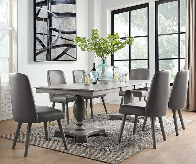 ACME Waylon 7pc Dining Room Set w/ Double Pedestal in Gray Oak