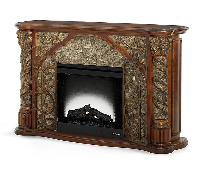 AICO Villa Valencia 2pc Fireplace w/Insert w/Heater and LED Lights in Classic Chestnut