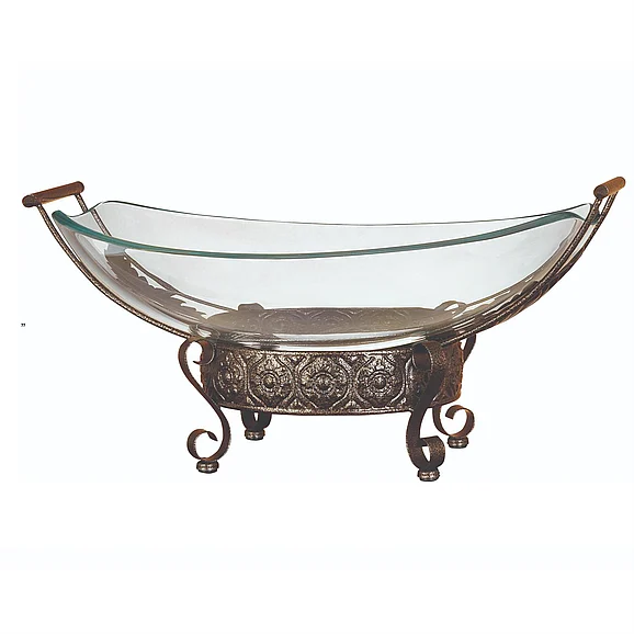 UMA Clear Tempered Glass Kitchen Serving Bowl with Brown Metal Scroll Base, 23" x 14" x 10" | 72259