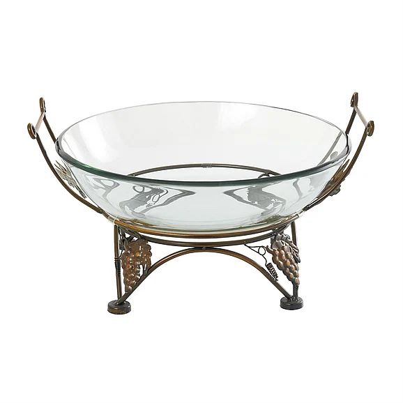 UMA Clear Tempered Glass Kitchen Serving Bowl with Copper Metal Grapes Base, 19 x 17 x 10 | 72262