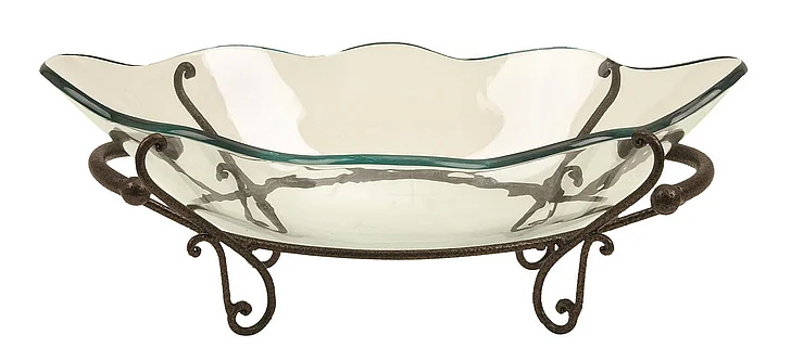 UMA Clear Tempered Glass Kitchen Scalloped Edge Serving Bowl with Bronze Metal Scroll Stand, 23" x 14" x 9" | 72292
