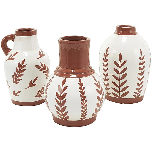 UMA White Ceramic Floral Decorative Vase with Terracotta Colored Detailing, Set of 3 6W, 9H | 72425 CLOSEOUT