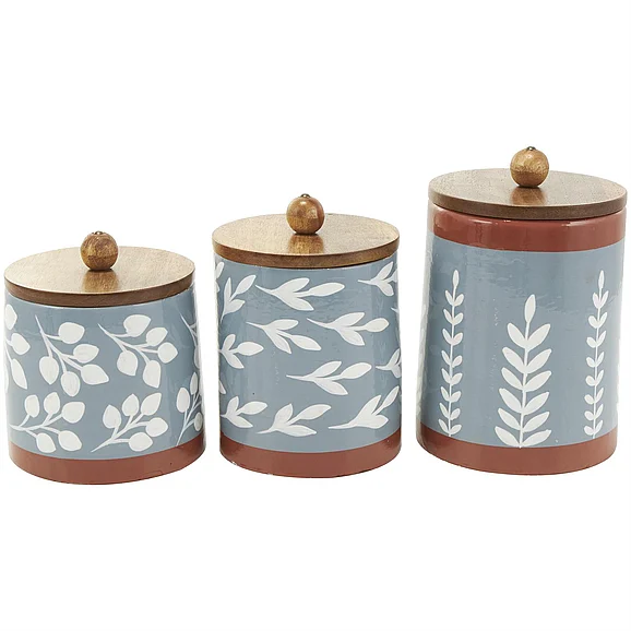 UMA Light Blue Ceramic Floral Decorative Canisters with Wood Lids, Set of 3 7, 8, 6H | 72428 CLOSEOUT