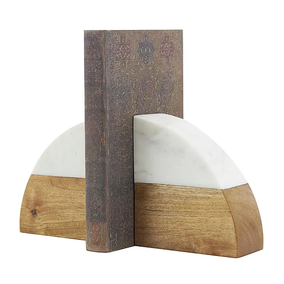 UMA Brown Mango Wood Geometric Arched 5 lbs Decorative Bookends with White Marble Tops, (Set of 2) 5W, 5H | 72441