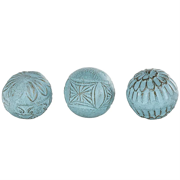 UMA Blue Paper Mache Handmade Intricately Carved Decorative Orbs & Vase Filler with Various Floral Patterns, Set of 3 4D | 72445 CLOSEOUT