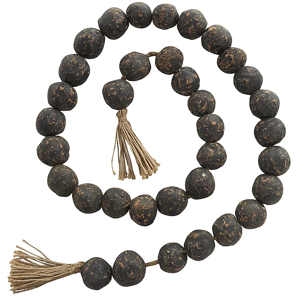 UMA Black Ceramic Handmade Round Intricately Shaped Large Distressed Beaded Garland with Tassel, 62" x 2" x 2" | 72448 CLOSEOUT