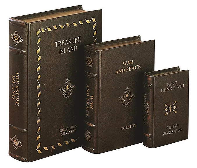 UMA Brown Faux Leather Treasure Island, War and Peace, King Henry VIII Book Storage Decorative Box with Gold Vintage Detailing, Set of 3 12, 7, 6H | 72700