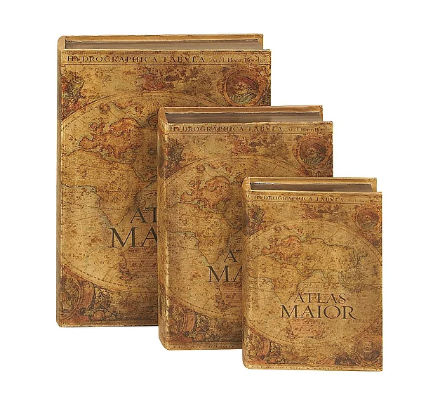 UMA Brown Faux Leather World Map Book Storage Decorative Box with Green and Orange Accents, Set of 3 15, 12, 9H | 72739