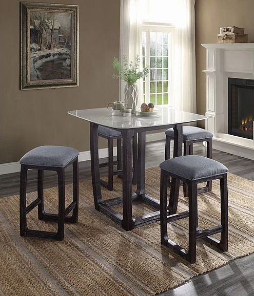 ACME Razo 5pc Square Counter Height Dining Room Set in Natural Marble Top and Weathered Espresso