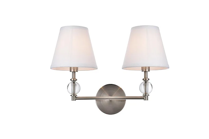 Elegant Bethany 2 Lights Bath Sconce in Satin Nickel with White Fabric Shade LD7022W15SN
