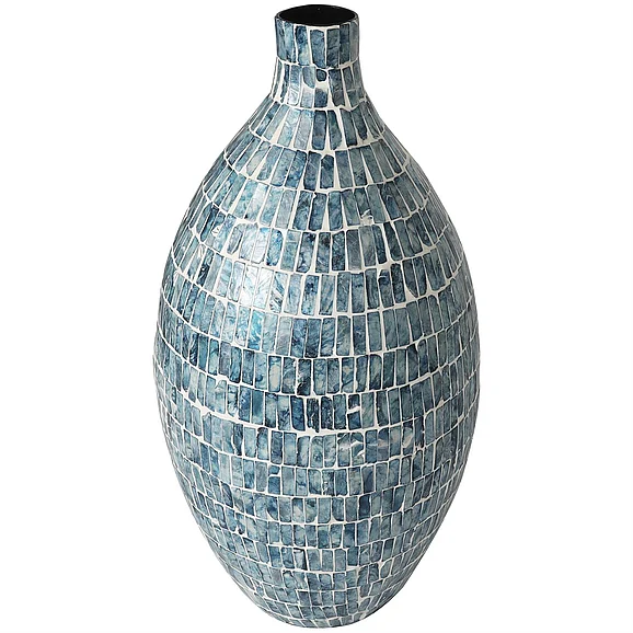 UMA Blue Mother of Pearl Shell Handmade Mosaic Inspired Decorative Vase, 11 x 11 x 22 | 73134