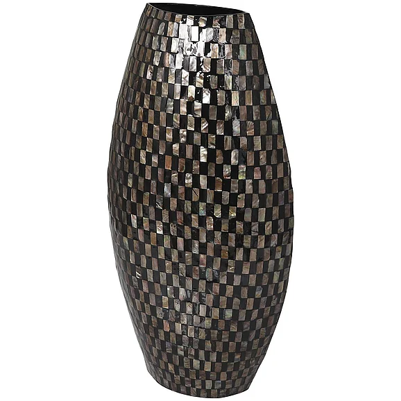 UMA Black Mother of Pearl Shell Handmade Geometric Mosaic Inspired Thin Decorative Vase, 12" x 5" x 24" | 73137