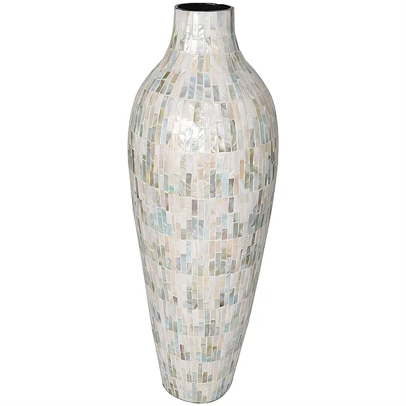 UMA White Mother of Pearl Shell Handmade Mosaic Inspired Decorative Vase with Pastel Blue and Pink Accents, 9 x 10 x 28 | 73139