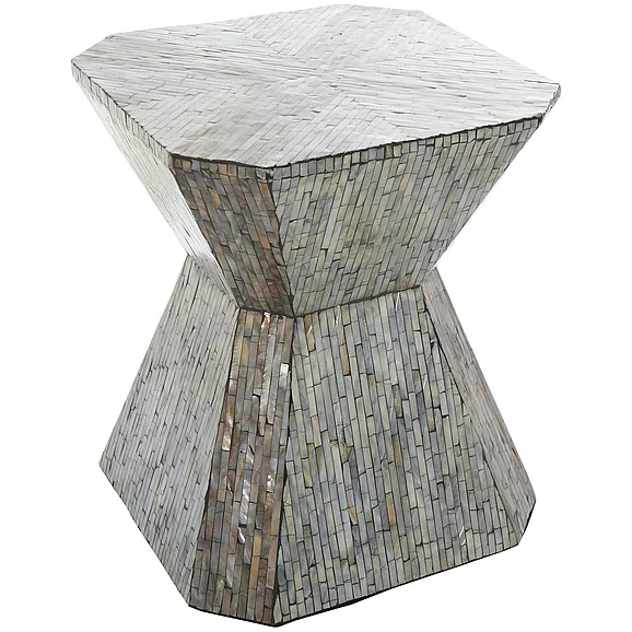 UMA Gray Mother of Pearl Shell Geometric Handmade Hourglass Side End Accent Table with Linear Mosaic Pattern, 16 x 16 x 20 | 73142