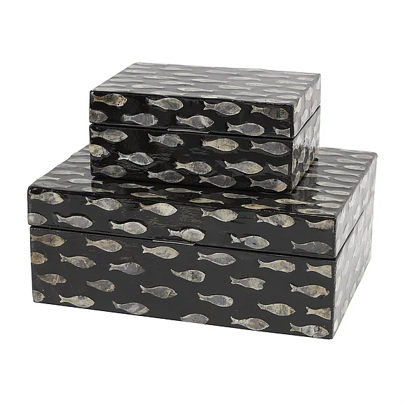 UMA Black Mother of Pearl Shell Fish Decorative Box with Beige Accents, Set of 2 12, 8W | 73144 CLOSEOUT