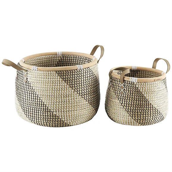 UMA Brown Seagrass Handmade Diagonal Striped Decorative and Functional Storage Basket with Black and White Plastic Weaving and Leather Handles, Set of 2 18, 13W | 73146