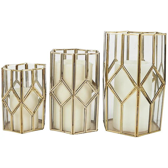 UMA CosmoLiving by Cosmopolitan Gold Metal Geometric Diamond Patterned Hexagon Indoor Outdoor Candle Lantern with Clear Glass, Set of 3 10, 8, 7H | 73412