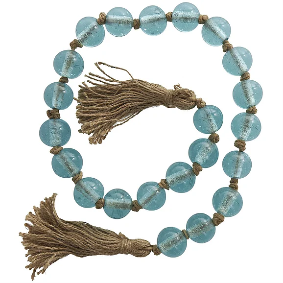 UMA Light Blue Glass Handmade Round Beaded Garland with Tassel with Knotted Brown Jute, 45" x 1" x 1" | 73579