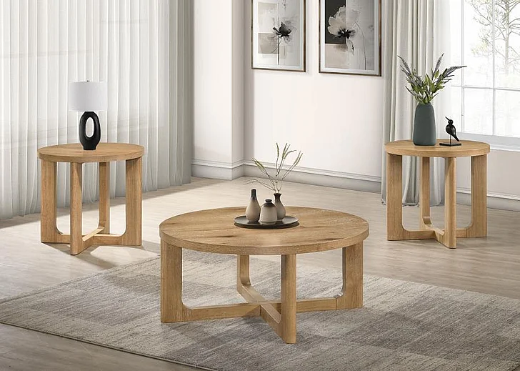 Coaster Kessler 3pc Round Occasional Living Room Set in Light Oak