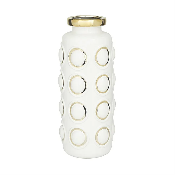 UMA CosmoLiving by Cosmopolitan White Ceramic Decorative Vase with Gold Circle Accents, 6" x 7" x 16" | 73764 CLOSEOUT