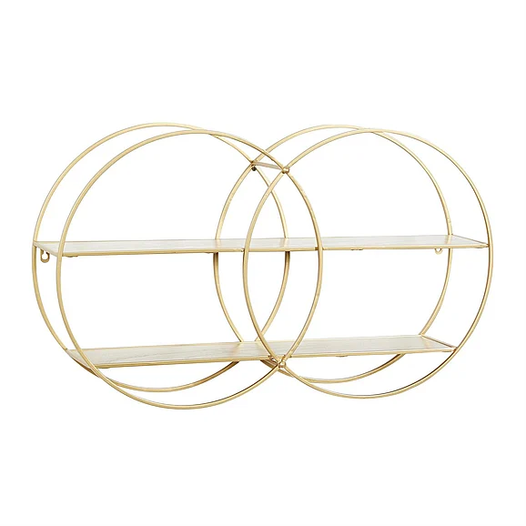 UMA CosmoLiving by Cosmopolitan Gold Metal Geometric Round Overlapping Ring 2 Tier Room Wall Shelf with Wooden Shelves, 30" x 6" x 18" | 73863