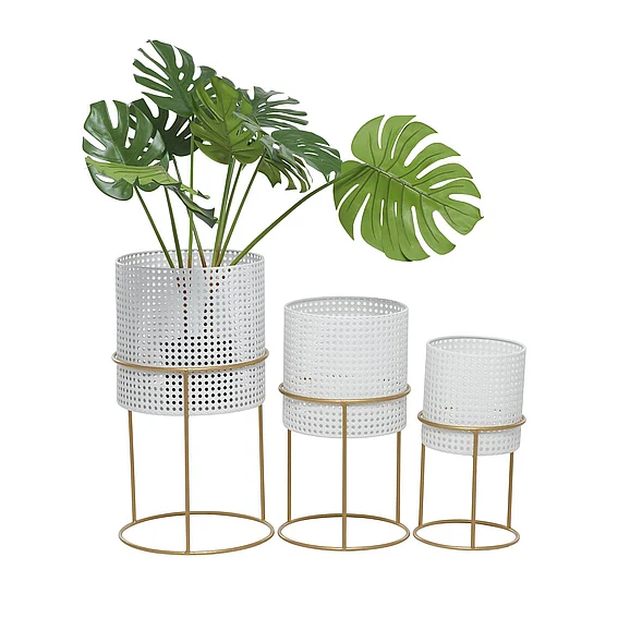 UMA White Metal Rattan Weave Inspired Indoor Outdoor Planter with Removeable Ring Stands, Set of 3 23, 19, 16H | 73887 CLOSEOUT