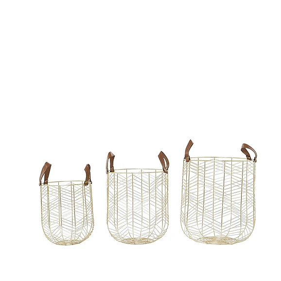 UMA CosmoLiving by Cosmopolitan Gold Metal Decorative and Functional Storage Basket with Faux Leather Handles, Set of 3 16, 14, 12H | 73927 CLOSEOUT