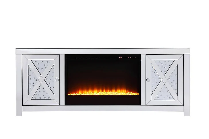 Elegant 59 In.Crystal Mirrored TV Stand with Crystal Insert Fireplace MF9904-F2