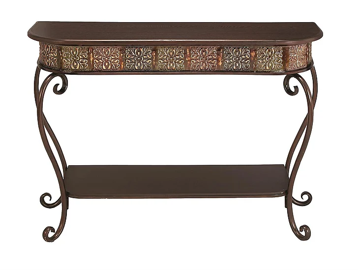 UMA Brown Metal Floral Embossed 1 Shelf Living Room Console Table with Ornate Scroll Legs, 43 x 14 x 32 | 74362