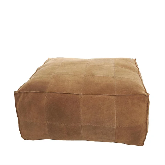 UMA Brown Leather Low Profile Square Room Pouf with Patchwork Design, 35" x 35" x 19" | 74416