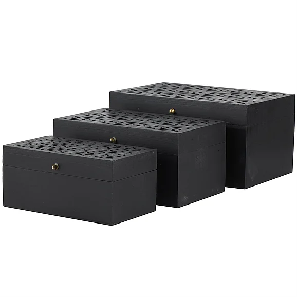 UMA Black Wood Intricate Carved Decorative Box with Hinged Lid, Set of 3 12, 10, 9W | 74629 CLOSEOUT